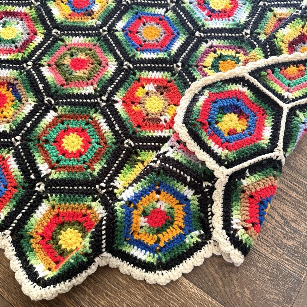 Handmade Crochet Throw Afghan Blanket Colorful‎ Granny Cottage Core Vtg 90s Sofa